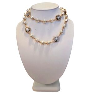 Vintage Charter Club Gold Tone Kiska Pearl Crystal Filigree Long Necklace.